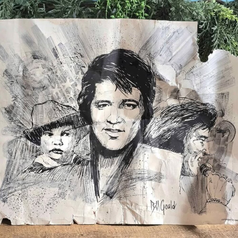 Vintage 1982 Bill Gould Elvis Presley Sketch Print - DAMAGED